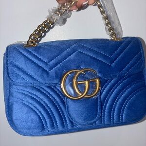 Blue Top-Handle Shoulder Bag with Gold Hardware